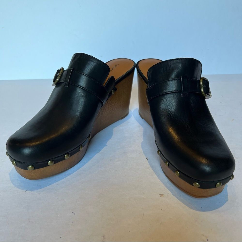 Lucky Brand Black Leather Mules with Wooden Wedge